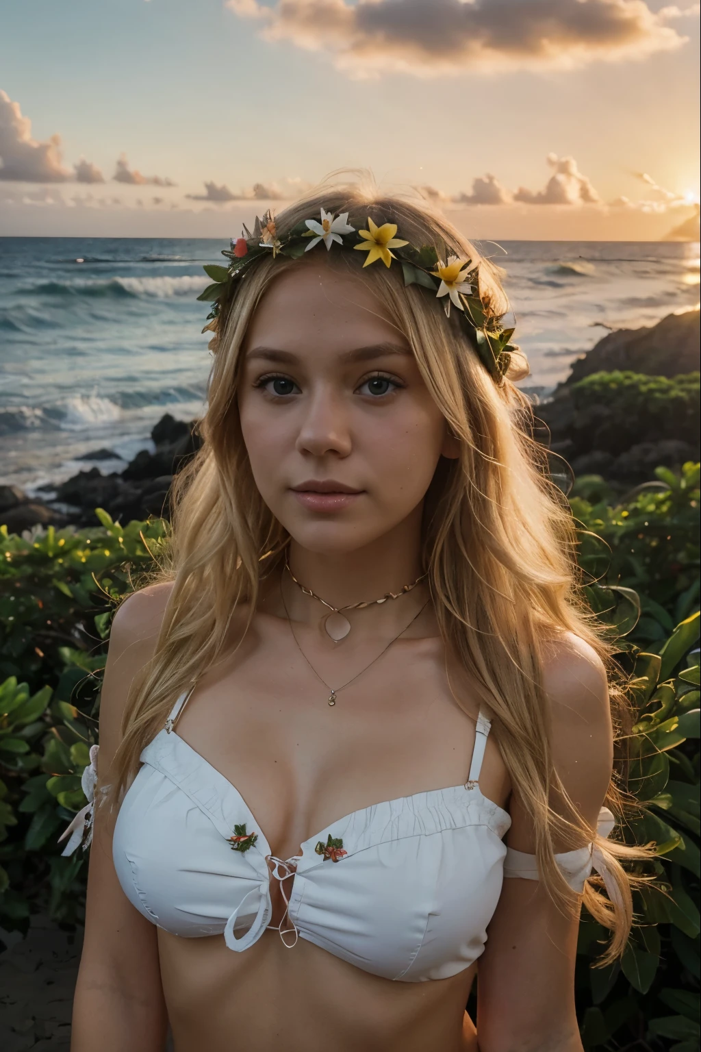 take the last image of this cute blonde girl, hawaii outfit, a wreath on her neck, sunrise, medium breats
