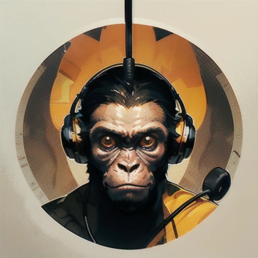 a close up of a sceptical monkey face, headphones are floating upside down, inspired by Alex Petruk APe, monkey, bored ape, face like monkey, monkeys, in style of monkeybone, in style of primal apes, ape, orange head, LP vinyl sticker design