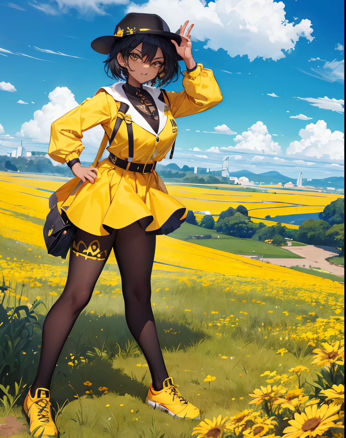 Um personagem de Roblox amarelo de saia com uma foice nas costas, and a landscape behind, character has to be yellow and not very realistic 