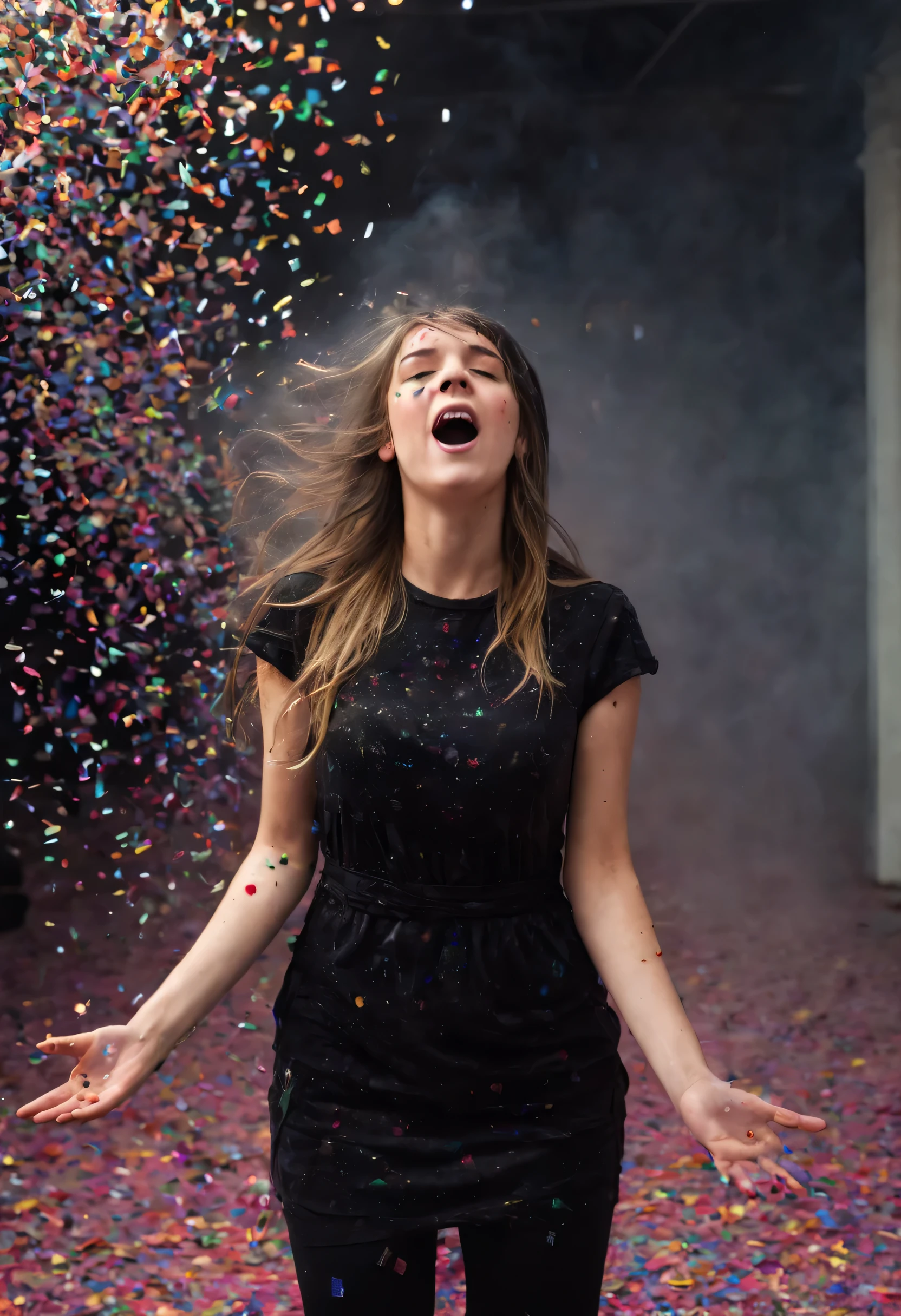 Colorful Confetti falls like snowflakes, a girl made of black smoke