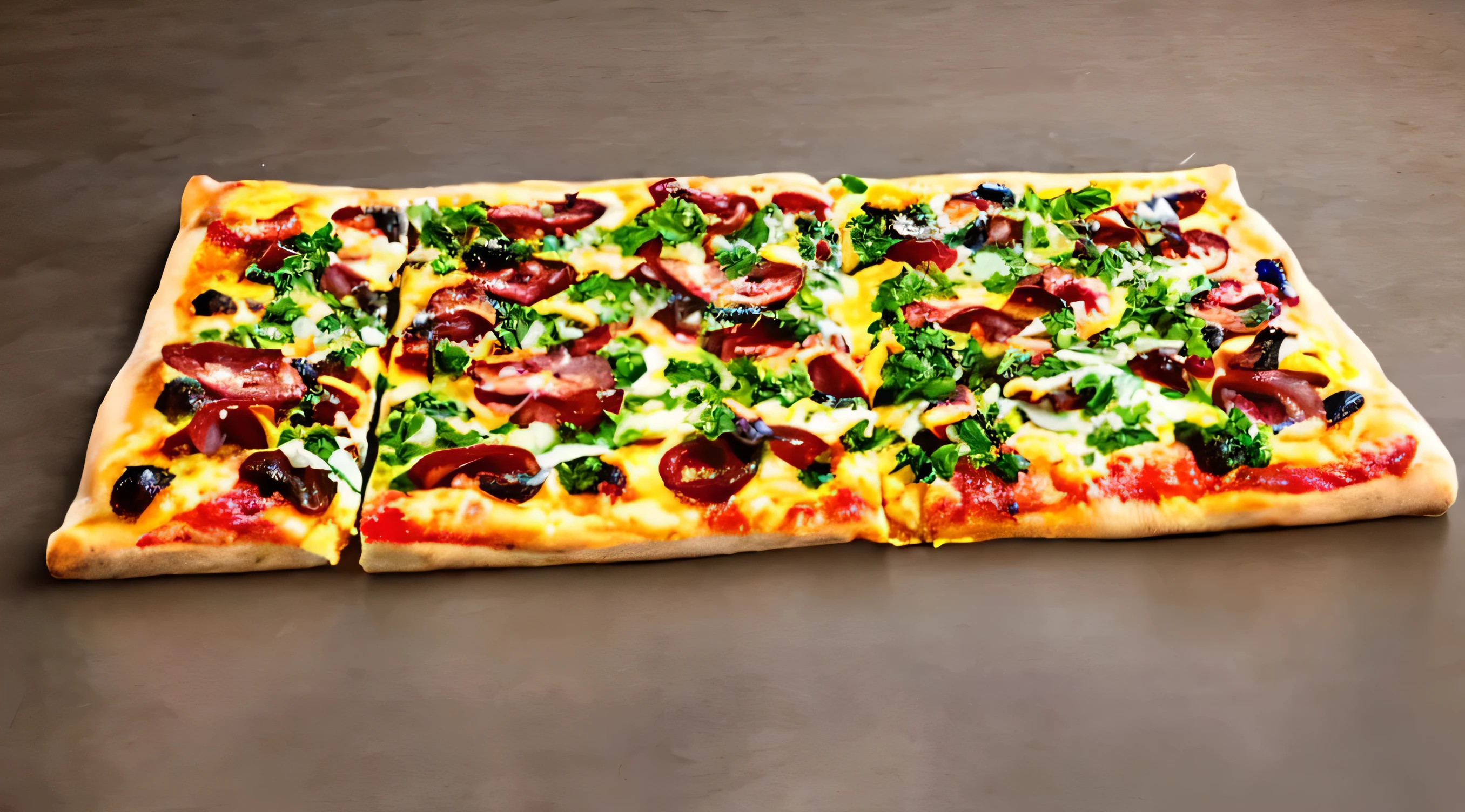 Uma imagem ultra-realista de uma pizza retangular gigante com cantos perfeitamente retos, covered in several small grated flavors without black olives divided into 5 columns of different flavors an irresistible and melted cheese filling, with appetizing smoke rising, com luz indireta em plano aberto.