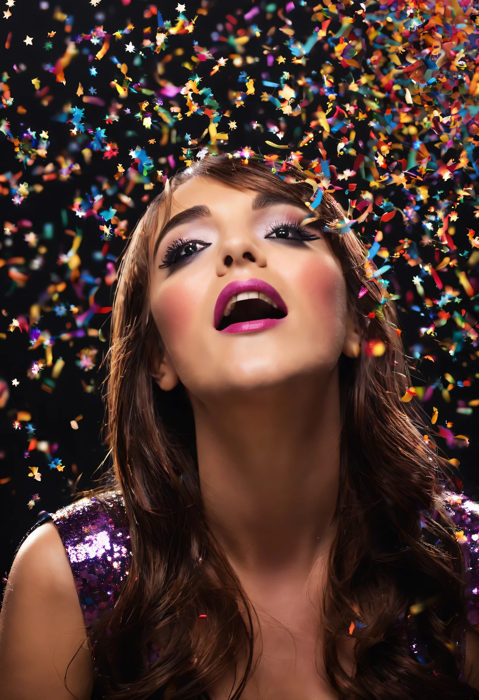 Colorful Confetti falls like snowflakes, portrait of a pop star, dark and sinister lighting