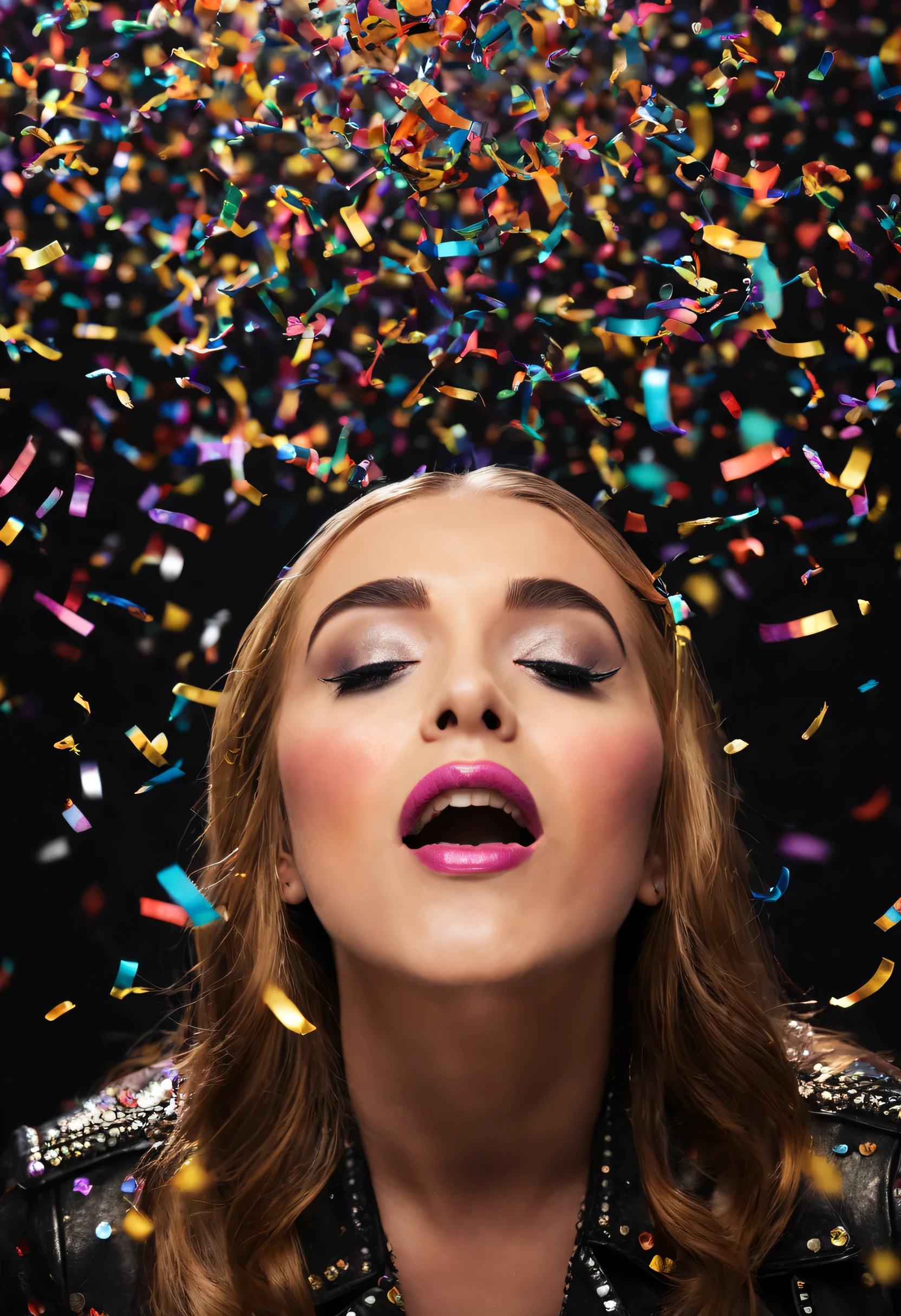 Colorful Confetti falls like snowflakes, portrait of a pop star, dark and sinister lighting