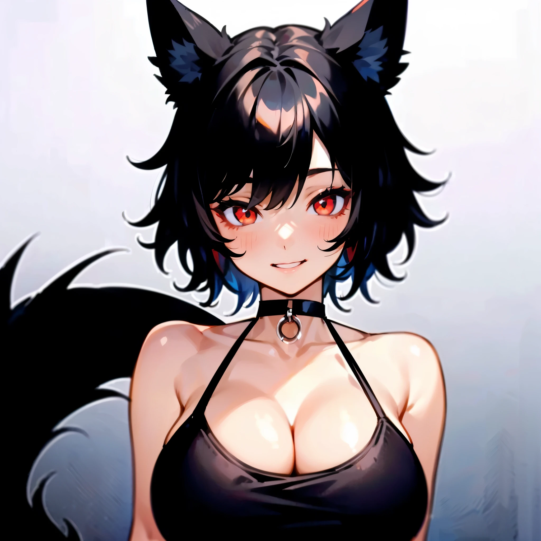 1girl, short messy black hair, red eyes, black wolf ears, wolf tail, big breast, black choker, black crop-top, smile, solo, best quality, masterpiece, portrait, simple background, looking at the camera, from the front, detailed, perfect anatomy, detailed art, high definition, 4k, high resolution