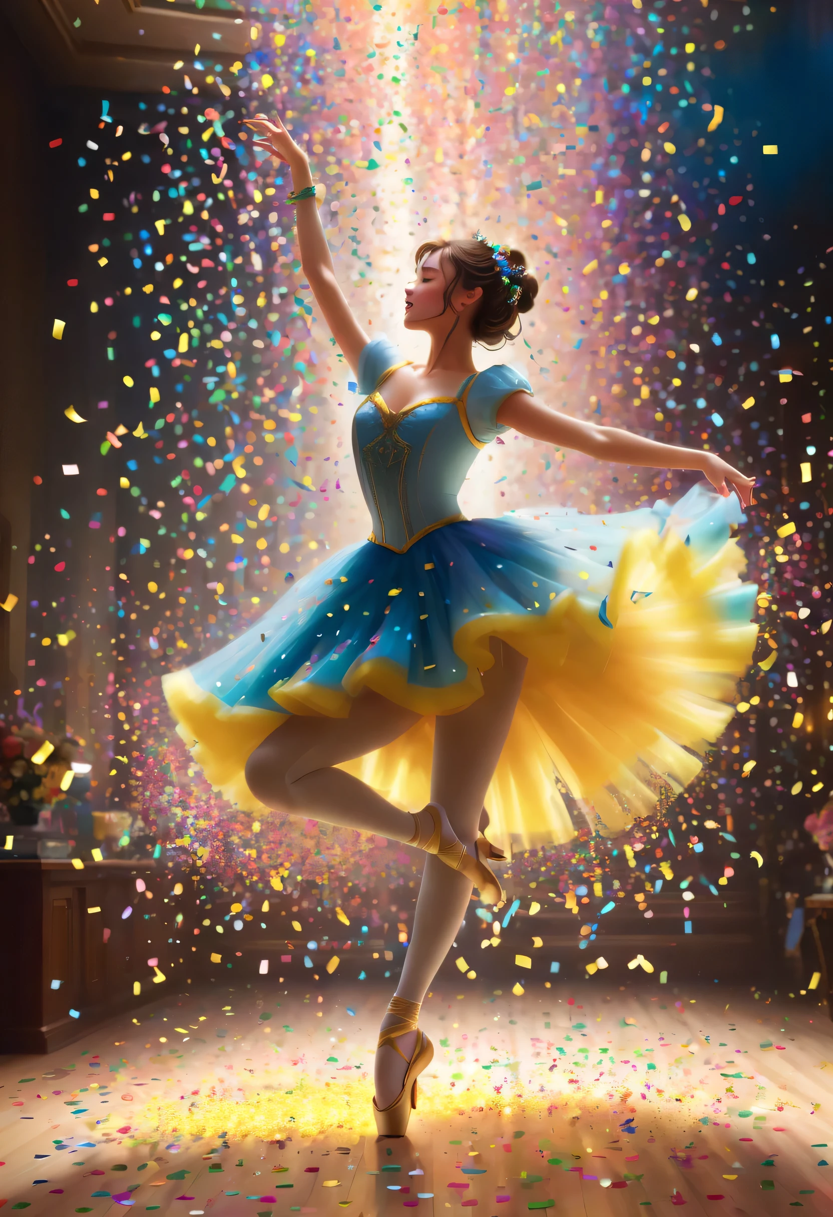 Colorful Confetti falls like snowflakes, portrait of a pop star, dark and sinister lighting