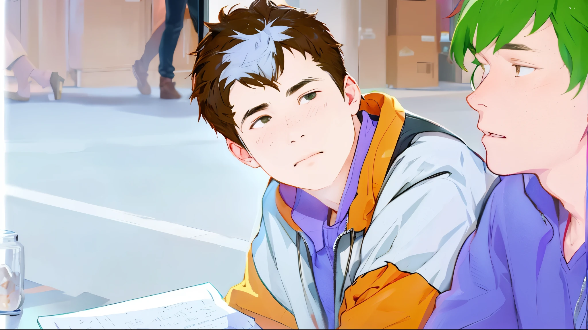 There are two 14-year-old boys, one sitting next to the other, looking at him thoughtfully.