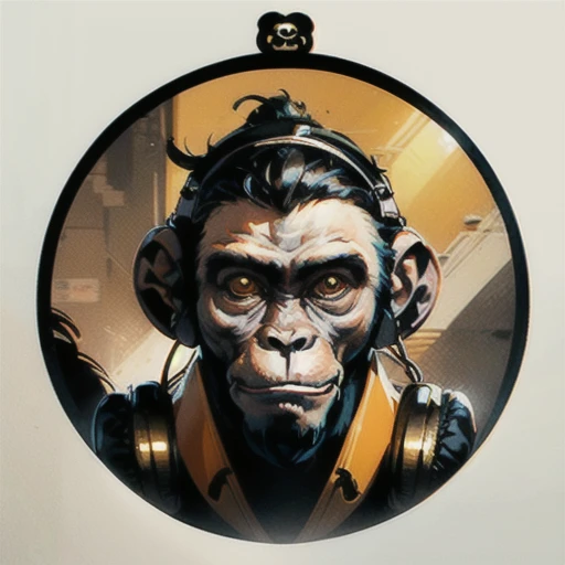 a close up of a sceptical monkey face, headphones are floating upside down, inspired by Alex Petruk APe, monkey, bored ape, face like monkey, monkeys, in style of monkeybone, in style of primal apes, ape, orange head, LP vinyl sticker design