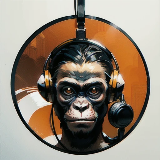 a close up of a sceptical monkey face, headphones are floating upside down, inspired by Alex Petruk APe, monkey, bored ape, face like monkey, monkeys, in style of monkeybone, in style of primal apes, ape, orange head, LP vinyl sticker design