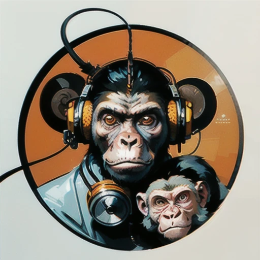 a close up of a sceptical monkey face, headphones are floating upside down, inspired by Alex Petruk APe, monkey, bored ape, face like monkey, monkeys, in style of monkeybone, in style of primal apes, ape, orange head, LP vinyl sticker design