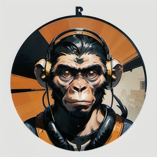 a close up of a sceptical monkey face, headphones are floating upside down, inspired by Alex Petruk APe, monkey, bored ape, face like monkey, monkeys, in style of monkeybone, in style of primal apes, ape, orange head, LP vinyl sticker design