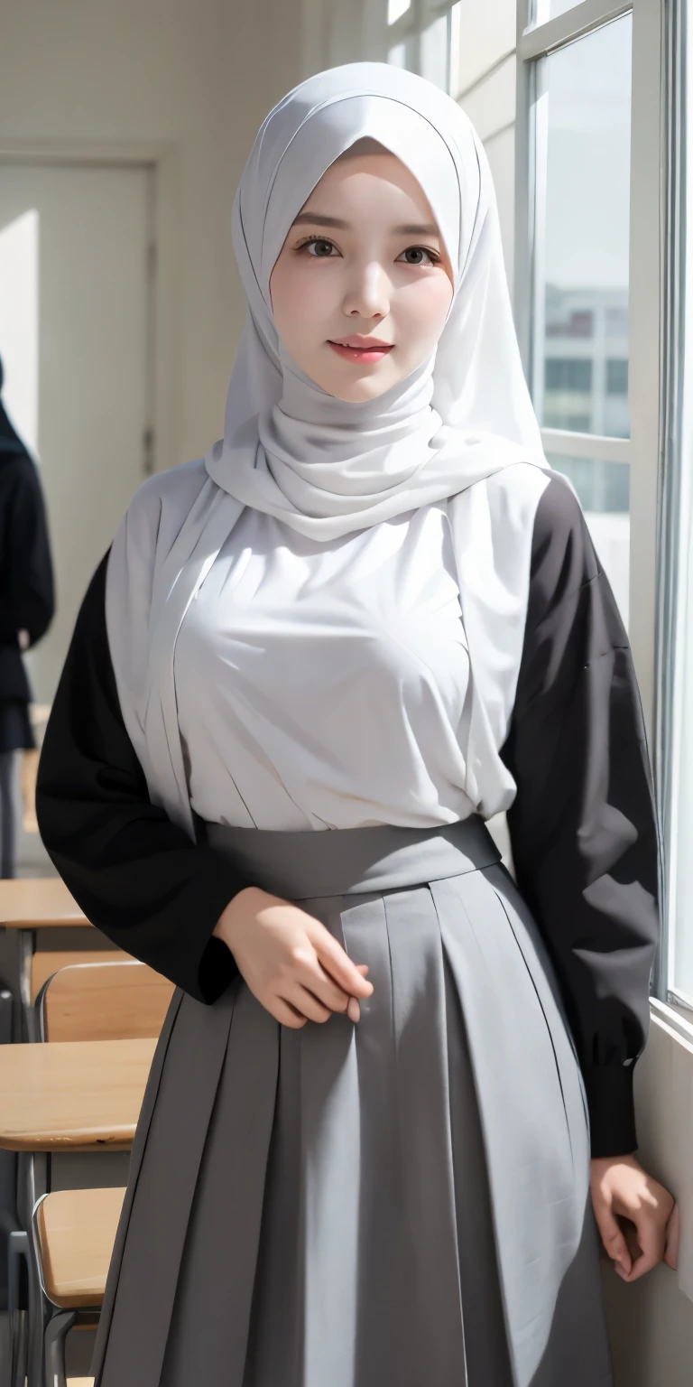 masutepiece, Best Quality, Illustration, Very detailed, fine detail, high resolution, 8K Wallpaper, Perfect dynamic composition, Schoolgirls in hijabs, multiple people wear hijab white, all people wear hijab white, three schoolgirls in hijabs taking a photo, 18 years old, (hands in long skirt pockets), Beautiful eye details, Natural lips, smiling lips, light laughing lips, wearing a white hijab, high school clothes, long gray skirt, long skirt, long sleeves, (taking a half-body photo), view of the school room, (three school children wearing hijabs taking a photo), all people wear hijab white, school people hijabs white, many school children wearing hijabs, school girls taking photos, showing big breasts, white hijab school children, high school clothes, (high school), (long skirts), long sleeves, school room view,