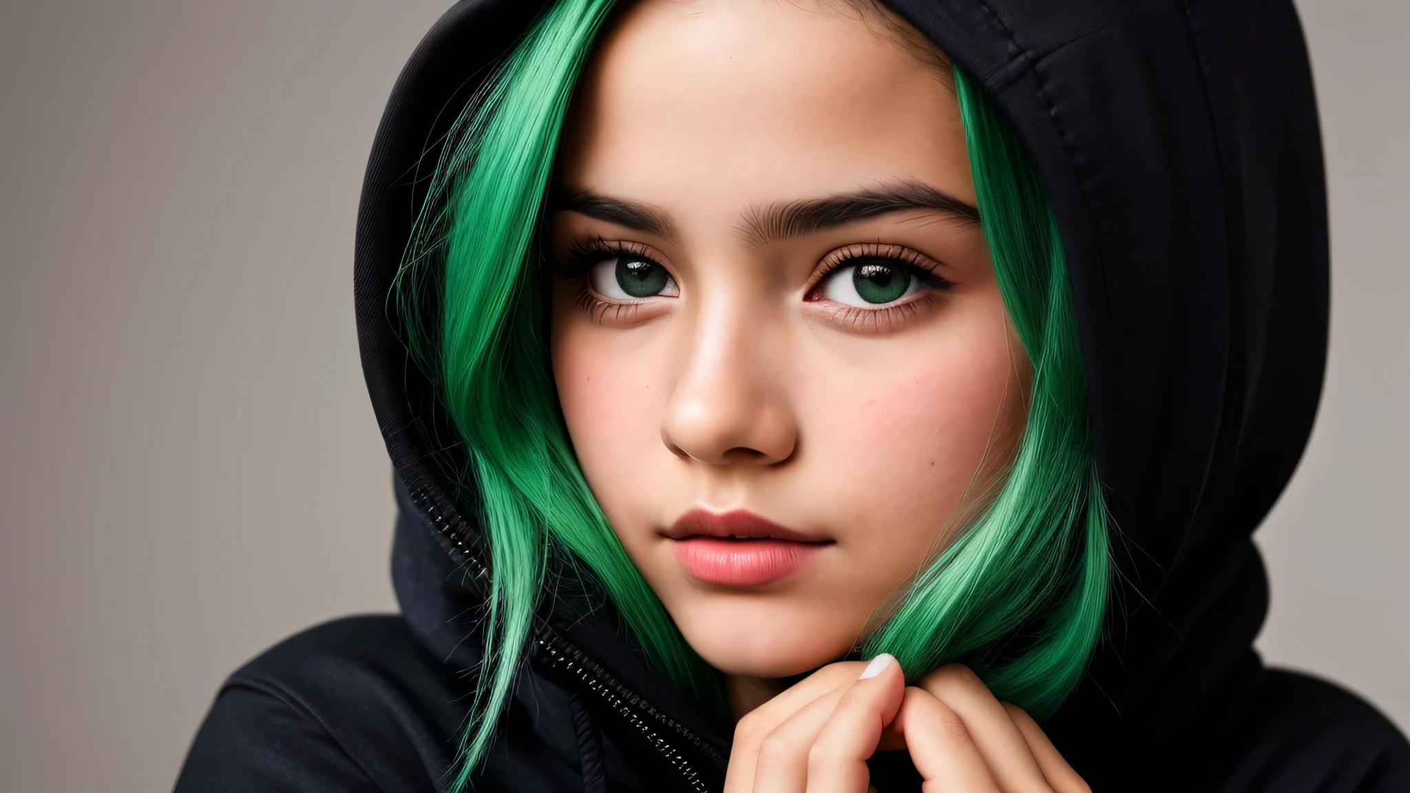 KIDS GIRL green hair in a black hoodie holding her head in her hands, KIDS girl wearing hoodie, in a black hoodie, close up portrait photo, gorgeous young model, in a hoodie, portrait black and white portrait, wearing a black hoodie