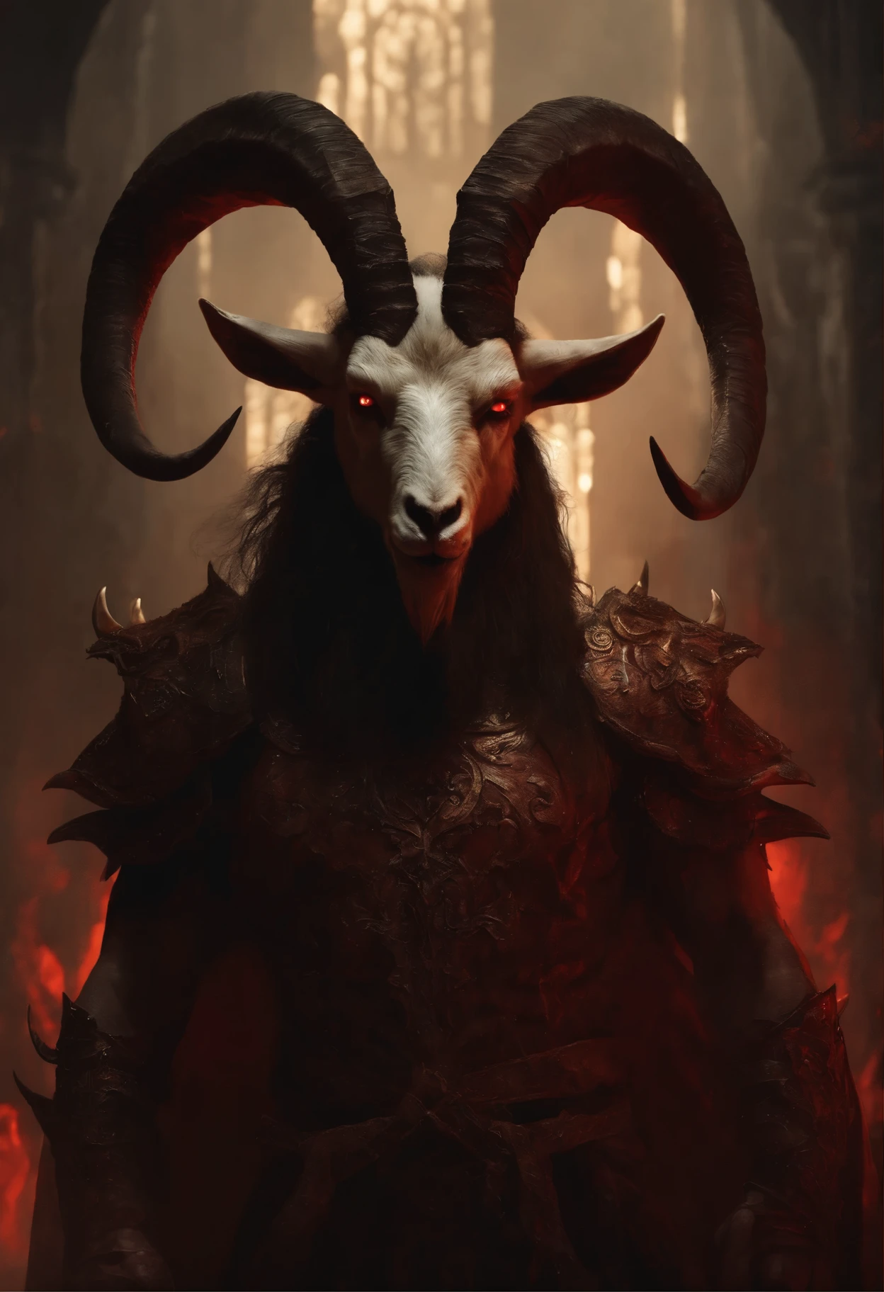 a goat-headed demon with large horns, strong and strong upper body, demon skins, skins, ((claws, wings)), demonic armor, blood splatters, skulls on the ground, standing in a blood ritual, medieval, dark room, dim light, masterpiece, realistic, oil painting
