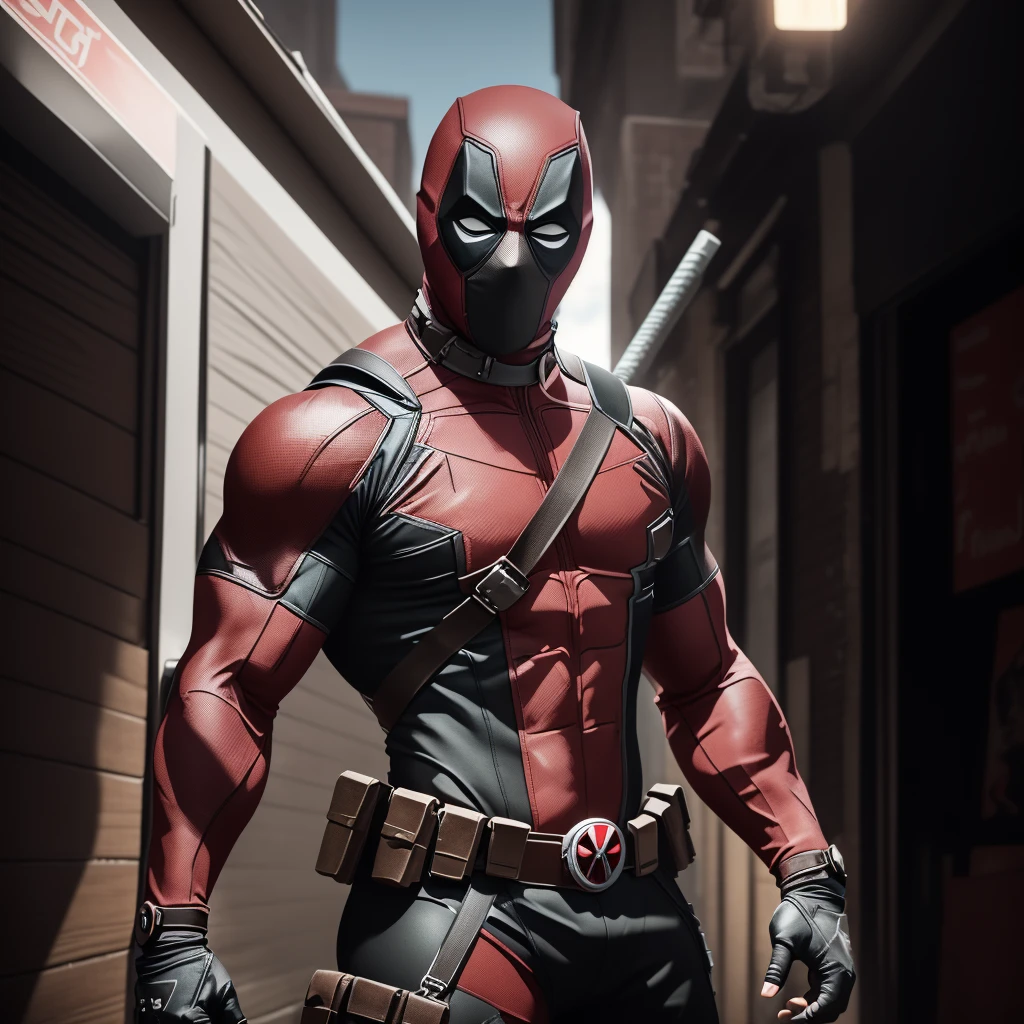 Deadpool, muscular, lean physique, black and red suit, tight spandex suit, spandex black and red mask, ((no ears)), 2 katanas hanging behind the back, straps on his chest, pistols on the waist, high resolution, ultra detailed CG Unity, cinematic lighting, shadings, 8k, trending on ArtStation, trending on CGSociety, center focus, alley