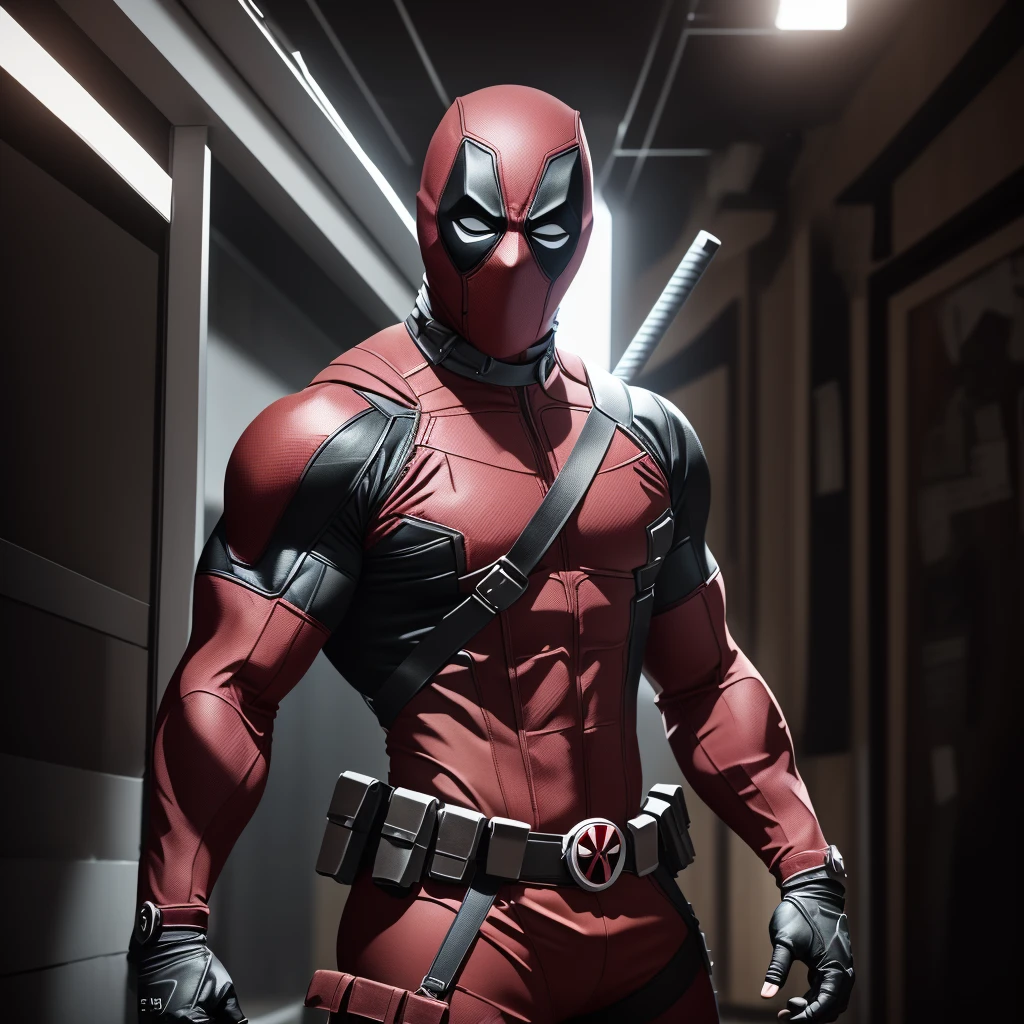 Deadpool, muscular, lean physique, black and red suit, tight spandex suit, spandex black and red mask, ((no ears)), 2 katanas hanging behind the back, straps on his chest, pistols on the waist, high resolution, ultra detailed  CG Unity, cinematic lighting, shadings, 8k, trending on ArtStation, trending on CGSociety, center focus, alley