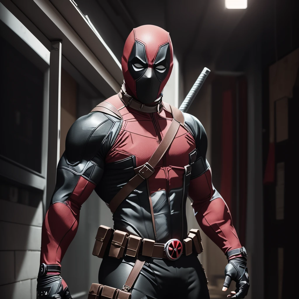 Deadpool, muscular, lean physique, black and red suit, tight spandex suit, spandex black and red mask, ((no ears)), 2 katanas hanging behind the back, straps on his chest, pistols on the waist, high resolution, ultra detailed CG Unity, cinematic lighting, shadings, 8k, trending on ArtStation, trending on CGSociety, center focus, alley