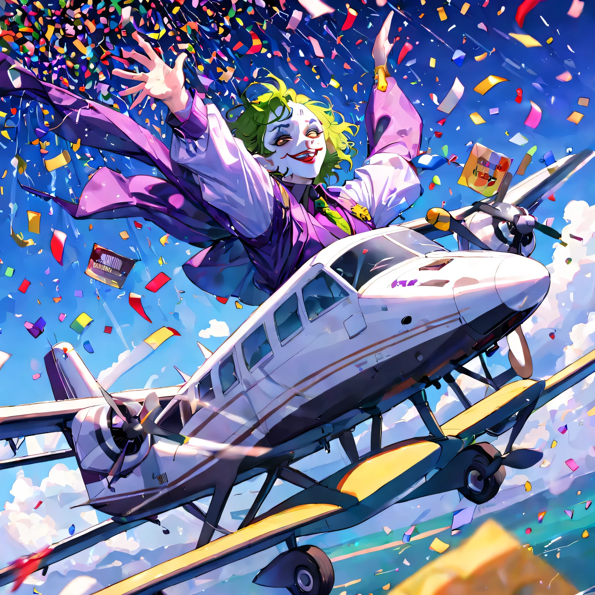 Joker raining a lot of confetti from Cessna into the sky