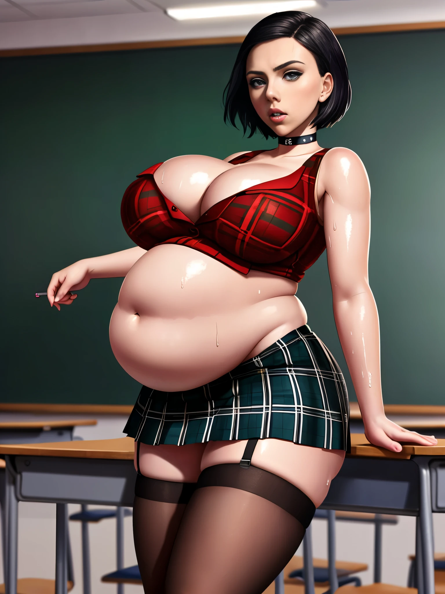 Scarlett Johansson, masterpiece quality, (masterpiece quality:1.3), studio lighting, in a school classroom, school desks in background, blackboard in background, standing, sexy pose, wearing short skirt, plaid skirt, wearing white stockings, wearing blue crop top, short hair, lots of cleavage, wearing choker collar, small breasts, (gigantic breasts:1.3), 1girl, alone, small belly, (small belly:1.2), sweating, (sweating:1.3),
