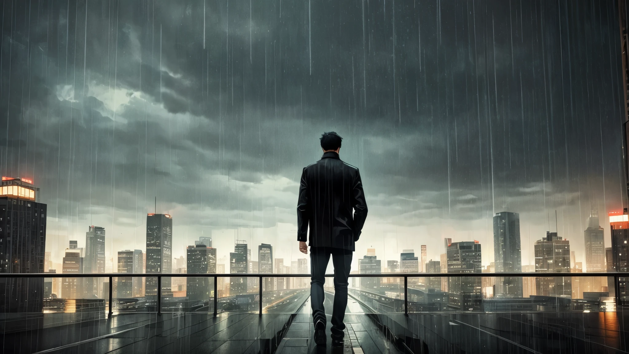 Realistic style, 1 man, alone, who is exactly in the middle of the image, with his back turned and is looking down defeated, short black hair, sad, sad atmosphere, rainy city,