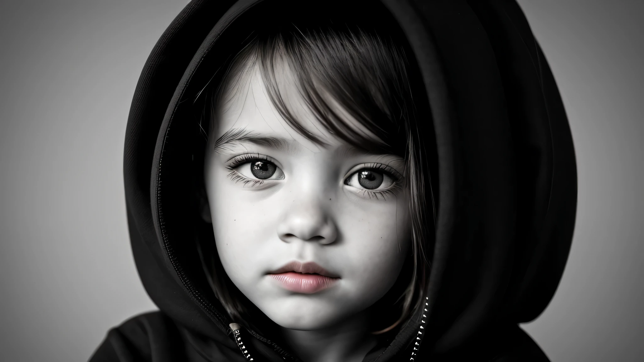KIDS GIRL blood hair in a black hoodie holding her head in her hands, KIDS girl wearing hoodie, in a black hoodie, close up portrait photo, gorgeous young model, in a hoodie, portrait black and white portrait, wearing a black hoodie