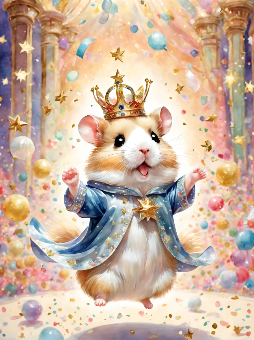 ((danceハムスター)),((confetti)),dance,raise a hand,jump,open your mouth,indoor,masterpiece,highest quality,fluffy hamster,Little,cute,fun,happiness,,Fashionable scenery,Sparklingエフェクト,celebration,anatomically correct,All the best,最高にcuteハムスター,cuteハムスター，,fantasy,randolph caldecott style,enlightenment,watercolor painting,Gentle shades,((confetti)),Sparkling,star,Light,sequins,crown,The king's cloak,Holding up the trophy