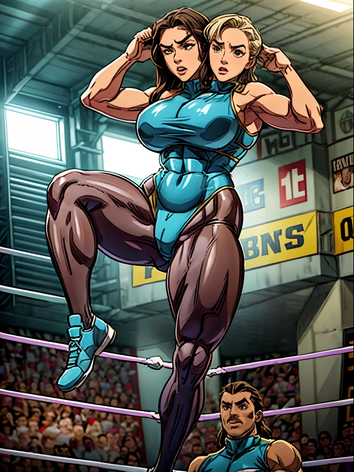 1man, dressed like a professional wrestler in spandex, feminine face, wide shoulders, no facial hair, no body hair, jumping in the air for a wwe move, perfect (long and thick legs: 1.5),This is a masterpiece of high quality, with photorealistic visuals and cinematic direction. ((1girl)), conjoined dicephalus,((2heads)),blonde, brunette, (((big bulge:1.3))), wrestler ,angry, (joe rogan stands with hands on his head looking on inin astonishment in the background)