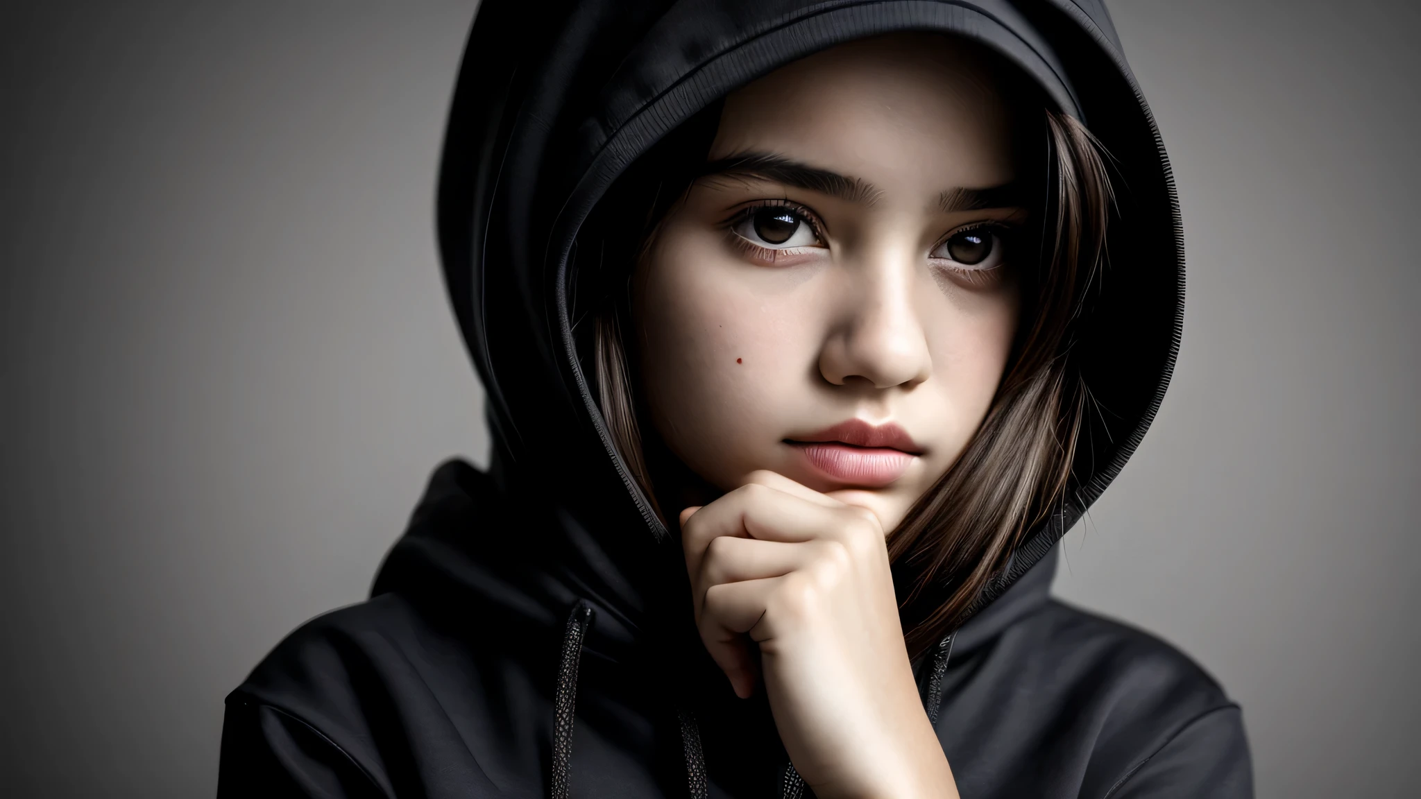 KIDS GIRL blood hair in a black hoodie holding her head in her hands, KIDS girl wearing hoodie, in a black hoodie, close up portrait photo, gorgeous young model, in a hoodie, portrait black and white portrait, wearing a black hoodie