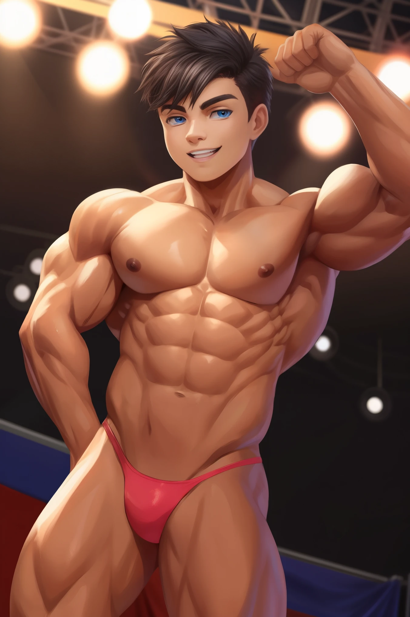 A teen in the bodybuilding competition, on stage with others teen's bodybuilder's at his sides boy, teenager (17 years olactive boy, Mexican ethnicity. tanned skin, jet black hair, carefree smile, carefree expression, young man, alone, marked muscles, beautiful musculature, aesthetic stretch marks, inspiring physique, slender muscles, square pecs, beautiful V-cone, excellent abs and torso, chiseled abs, pectorals chiseled, with his jet black military haircut and voluminous neck, narrow waist, bare chest, shirtless, topless, white sclera, blue eyes, young face, beautiful, young. wearing a tiny thong (metallic color: Pink thong) teen muscular young bodybuilder with extraordinary biceps pectorals triceps traps, plump, Gigachad.