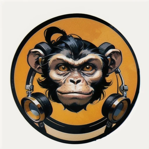 a close up of a sceptical monkey face, headphones are floating upside down, inspired by Alex Petruk APe, monkey, bored ape, face like monkey, monkeys, in style of monkeybone, in style of primal apes, ape, orange head, LP vinyl sticker design