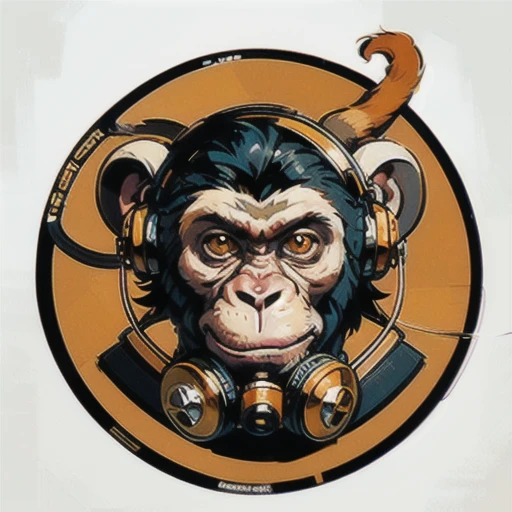 a close up of a sceptical monkey face, headphones are floating upside down, inspired by Alex Petruk APe, monkey, bored ape, face like monkey, monkeys, in style of monkeybone, in style of primal apes, ape, orange head, LP vinyl sticker design