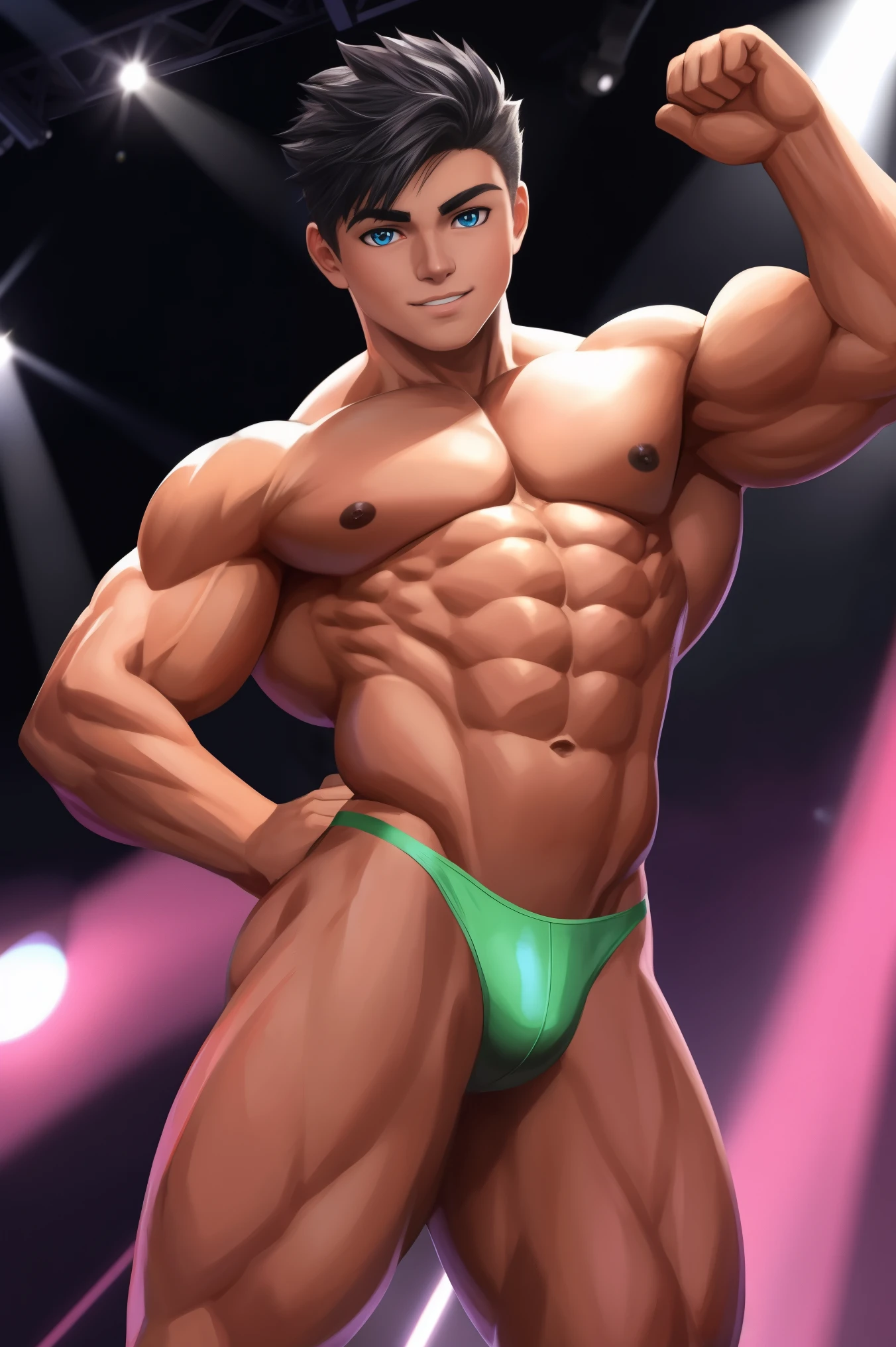 A ('s face) in the bodybuilding competition, on stage with others teenodybuilder's at his sides boy, 17 year old teenager years oldctive boy, Mexican ethnicity. tanned skin, jet black hair, handsome teen, carefree expressiooung man, alone, marked muscles, beautiful musculature, aesthetic stretch marks, inspiring physique, slender muscles, square pecs, beautiful V-cone, excellent abs and torso, chiseled abs, pectorals chiseled, with his jet black military haircut and voluminous neck, narrow waist, bare chest, shirtless, topless, white sclera, blue eyes, young face, beautiful, young. wearing a tiny thong (metallic color: green thong) teen muscular young bodybuilwith extraordinary biceps pectorals triceps traps, plump, Gigachad.