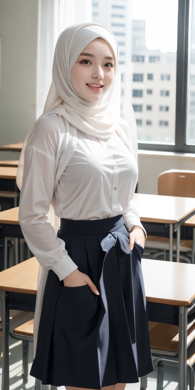 masutepiece, Best Quality, Illustration, Very detailed, fine detail, high resolution, 8K Wallpaper, Perfect dynamic composition, Schoolgirls in hijabs, multiple people wear hijab white, all people wear hijab white, three schoolgirls in hijabs taking a photo, 19 years old, (hands in long skirt pockets), Beautiful eye details, Natural lips, smile lips, (light laughing lips), wearing a white hijab, high school clothes, long gray skirt, long skirt, long sleeves, (taking a half-body photo), view of the school room, (three school children wearing hijabs taking a photo), all people wear hijab white, school people hijabs white, many school children wearing hijabs, school girls taking photos, showing big breasts, white hijab school children, high school clothes, (high school), (long skirts), long sleeves, school room view,