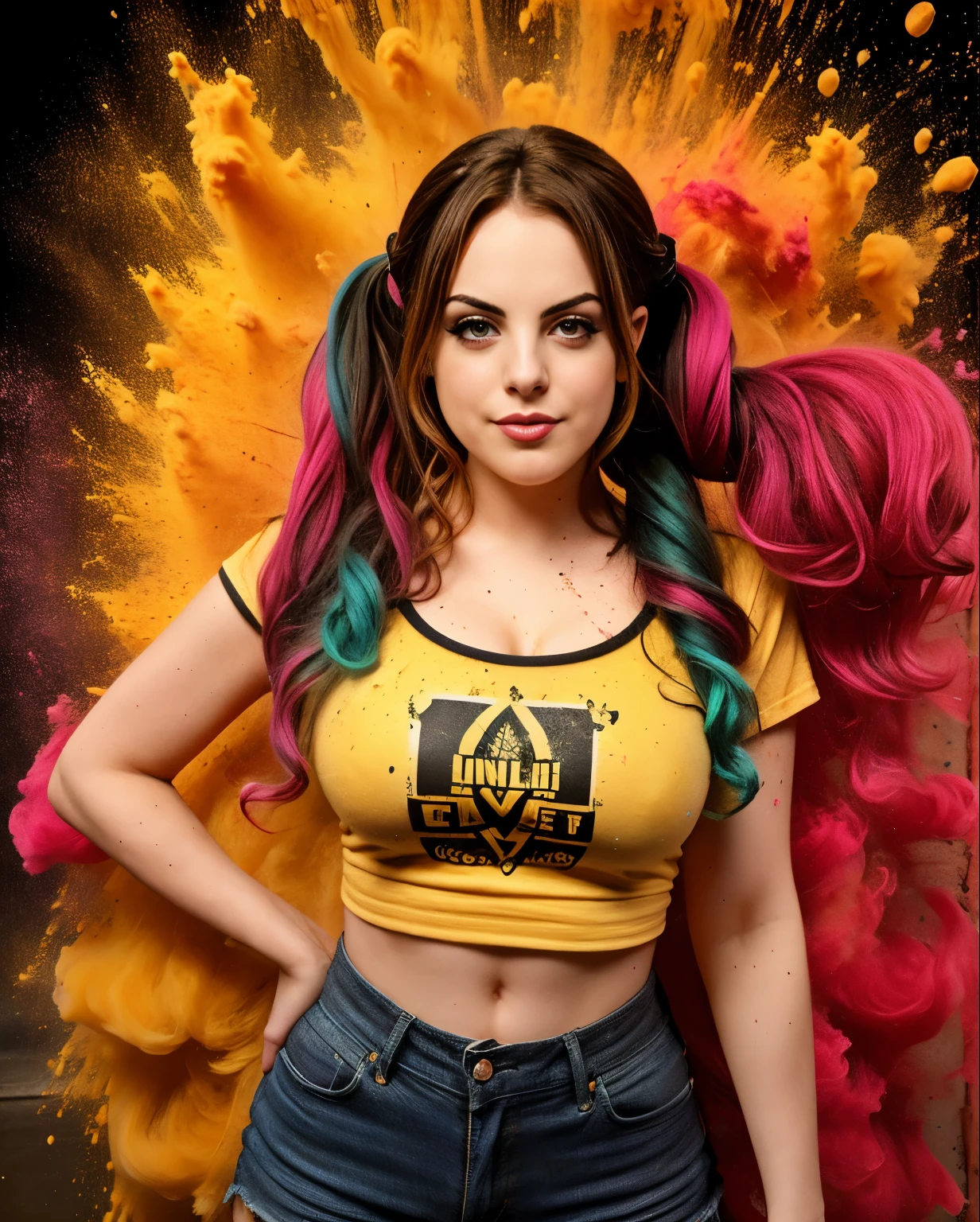 ((Elizabeth Gillies, camiseta molhada, bigfaketits, mamilos excitados)),master part,best quality,intrincado,aesthetic,Rosto detalhado,Subsurface scattering,Olhando para o Viewer,
1girl,foto de uma  bonito corpo inteiro, Sorriso leve, encantador, 20 anos,cabelo twintails crew cut,colorido, splatter de tinta, Tecelagem, pano,
BigFaketits,