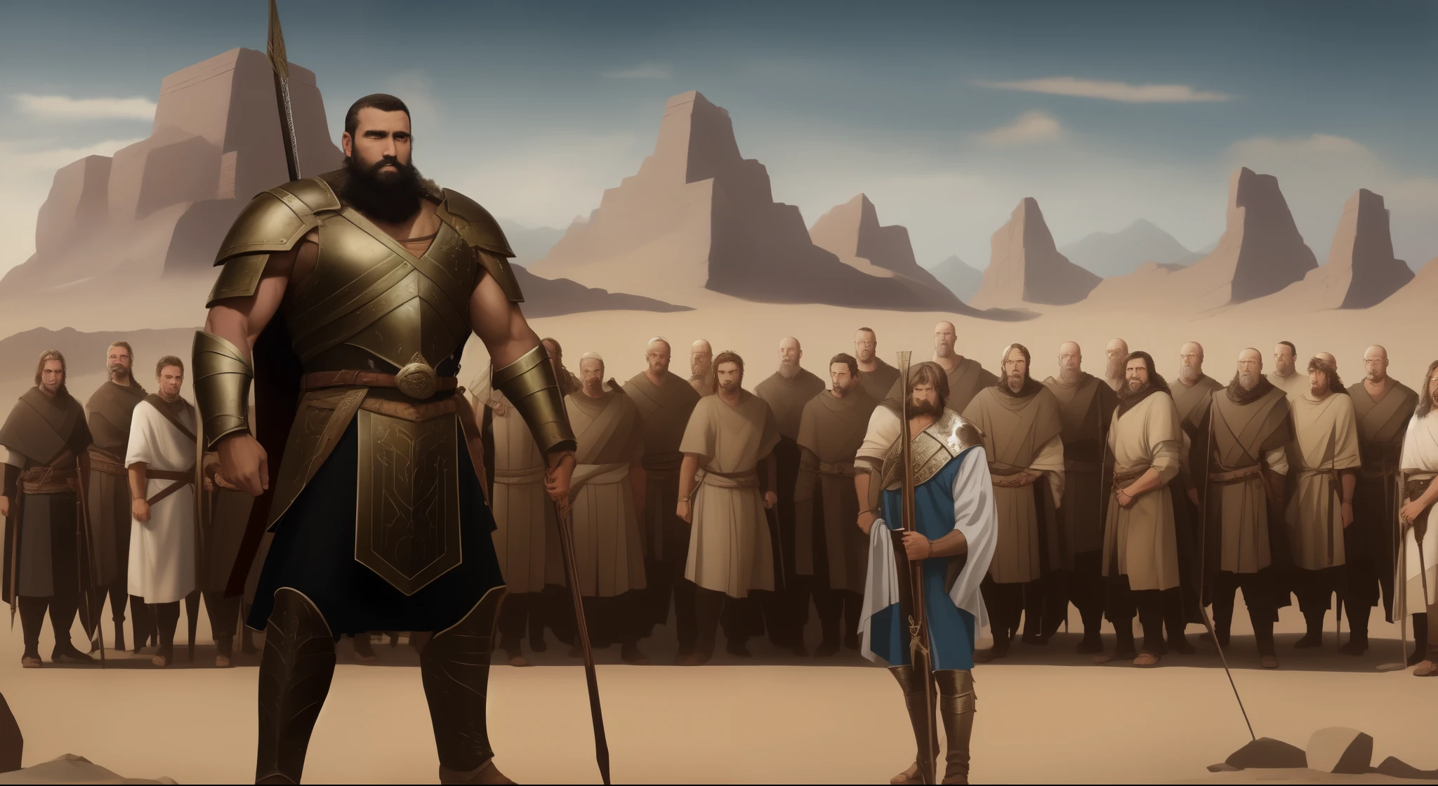 Describe an ancient battlefield biblical story, dois homens de frente, um pequeno, outro grande, o grande com armaduras de bronze, o outro com roupa simples, behind men with shield and arrows in their hands, high resolution realistic image, show expression of courage on your face and fear.