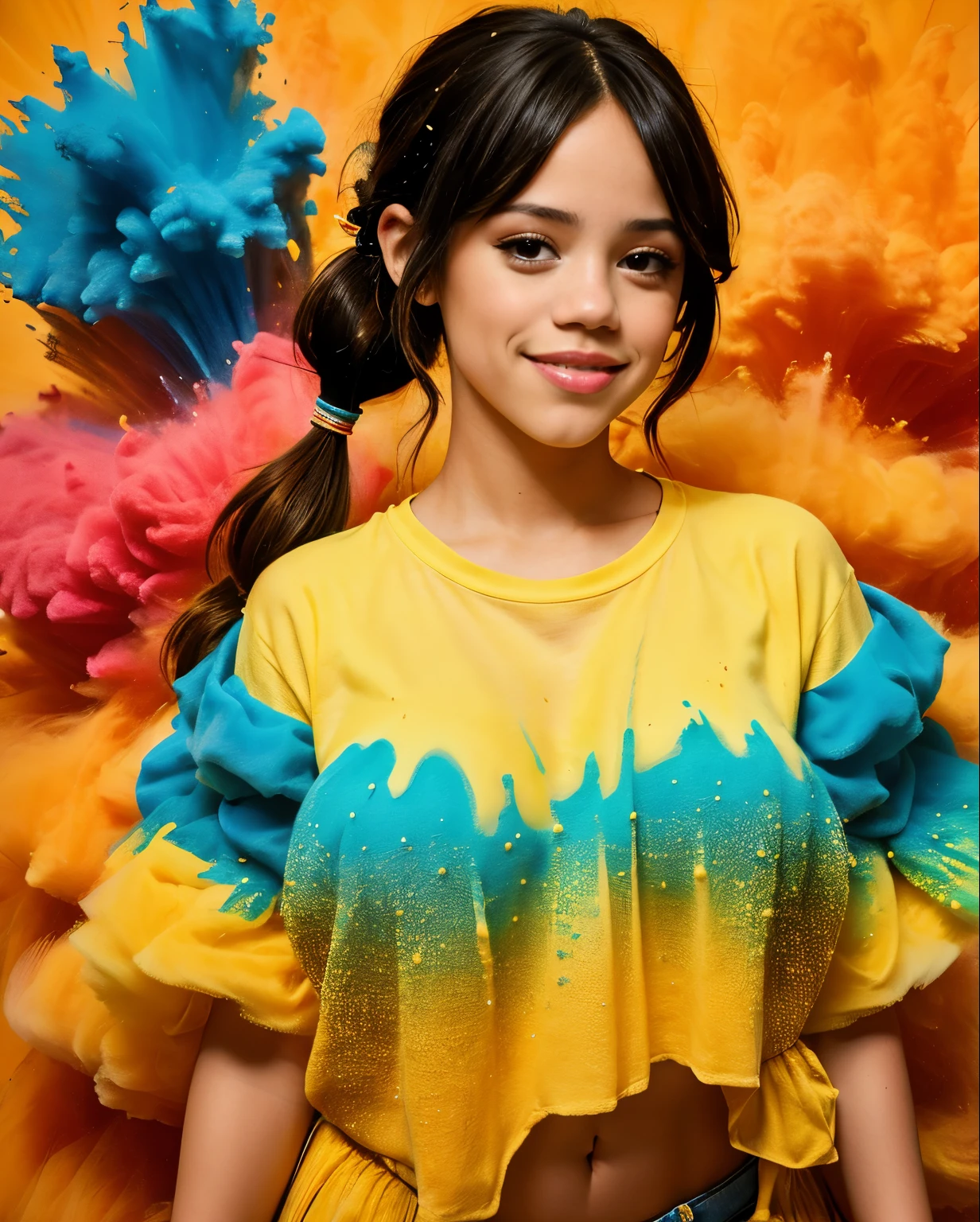 A close up of a woman with a yellow shirt and blue pants - SeaArt AI