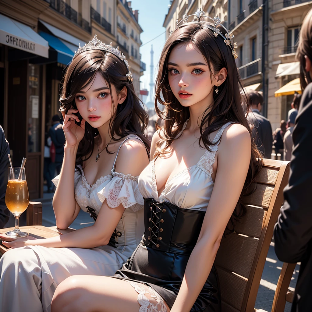 (masterpiece:1.2),best quality,high resolution,unity 8k wallpaper,(illustration:1),perfect lighting,photo_\(medium\),photorealistic,realistic,RAW, analog, Nikon Z 85mm, award winning glamour photograph,((best quality)), ((masterpiece)), ((realistic)), 18th century, vintage image, gorgeous French woman wearing, lace dress and corset, wearing a crown, 25 year old, (long brown hair), hazel eyes, small perky breasts, sitting outside at a Paris caf, eiffel tower in background, , ((small breasts)), innocent, flower pedals in the air, (freckles:0.6), intricate details, highly detailed, sharp focus, professional, 4k, spring flowers blooming, god rays, hand model, stunning blue eyes, , delicate, innocent,highres, detailed facial features, high detail, sharp focus, smooth, aesthetic, extremely detailed, photo_\(ultra\), photorealistic, realistic, post-processing, max detail, roughness, real life, ultra realistic, photorealism, photography, 8k uhd, photography, SEMI-SILHOUETTE light, russian face
