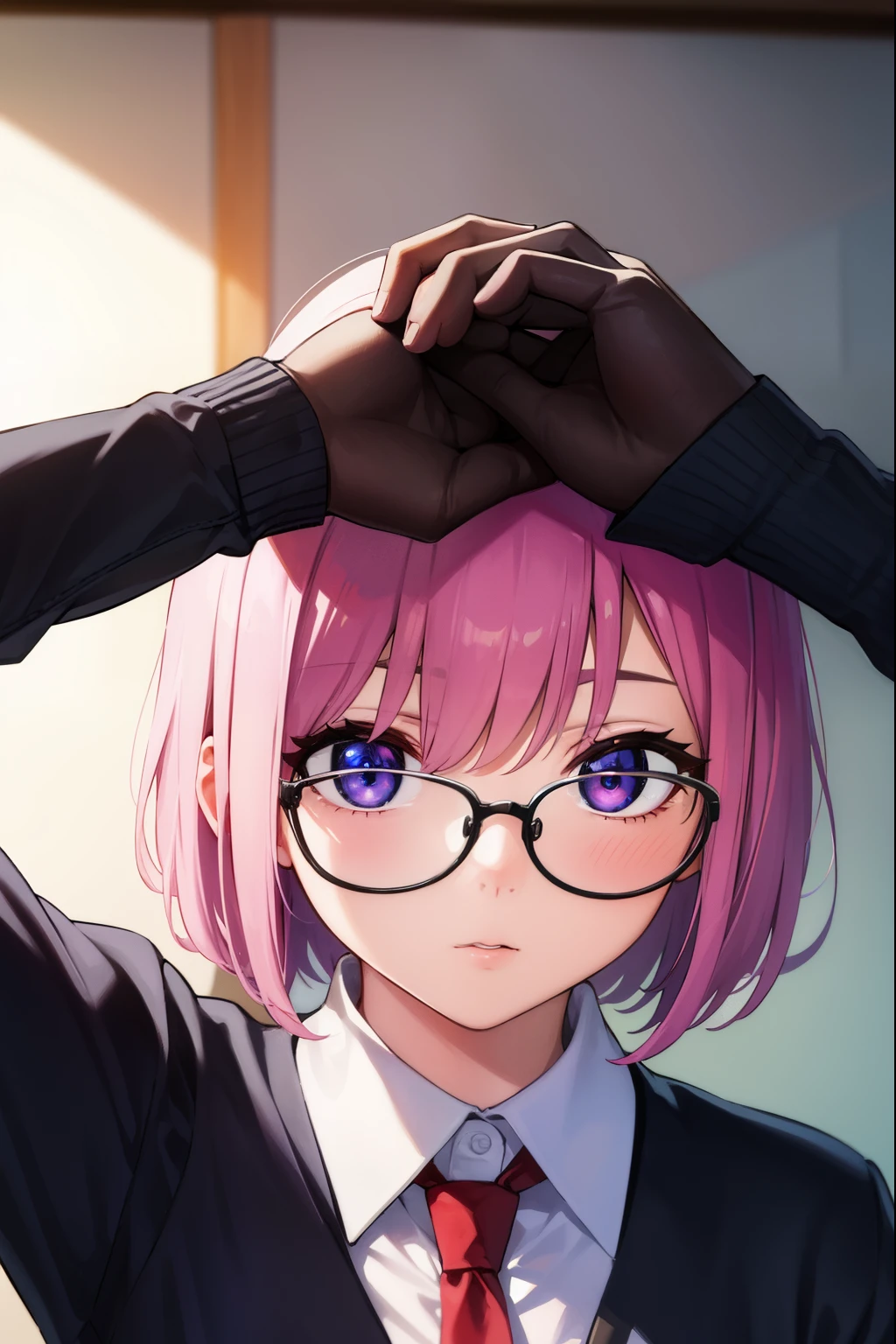 mashkyrielight, mash kyrielight, glasses, hair between eyes, hair over one eye, (purple eyes:1.1), pink hair, short hair,
BREAK hood, shirt, collared shirt, white collar, black shirt, necktie, red necktie, 
BREAK looking at viewer,
BREAK indoors, classroom,
BREAK (masterpiece:1.2), best quality, high resolution, unity 8k wallpaper, (illustration:0.8), (beautiful detailed eyes:1.6), extremely detailed face, perfect lighting, extremely detailed CG, (perfect hands, perfect anatomy),