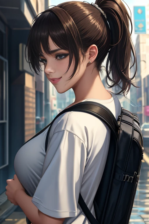 fashion style, masterpiece, best quality, 8k, artstation, sharp focus, (ultrarealistic:1.5), (high details:1.4), raw photo of a young woman, street smiling, backpack, ponytails, faded, complex stuff around, intricate background, soaking wet, (Cinematic:1.4),