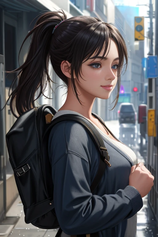 fashion style, masterpiece, best quality, 8k, artstation, sharp focus, (ultrarealistic:1.5), (high details:1.4), raw photo of a young woman, street smiling, backpack, ponytails, faded, complex stuff around, intricate background, soaking wet, (Cinematic:1.4),