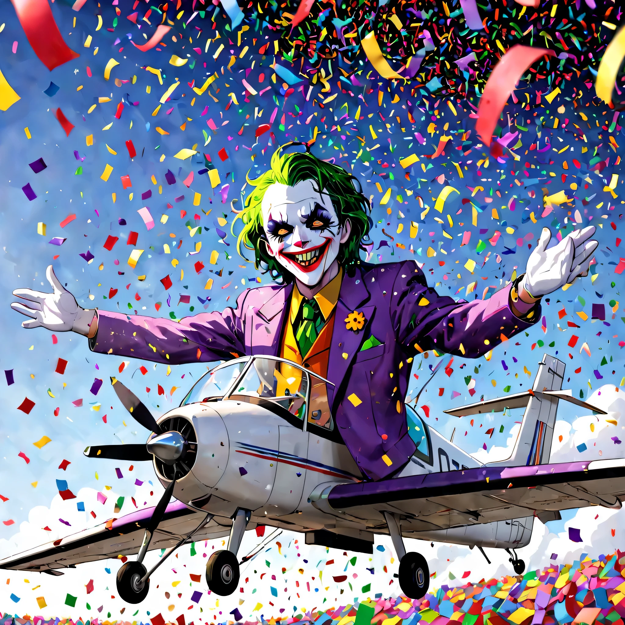 Joker raining a lot of confetti from Cessna into the sky