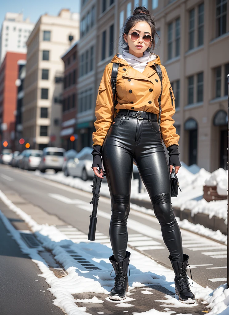 medium breasted woman, sunglasses, full body, in snow, with large gun, movie poster