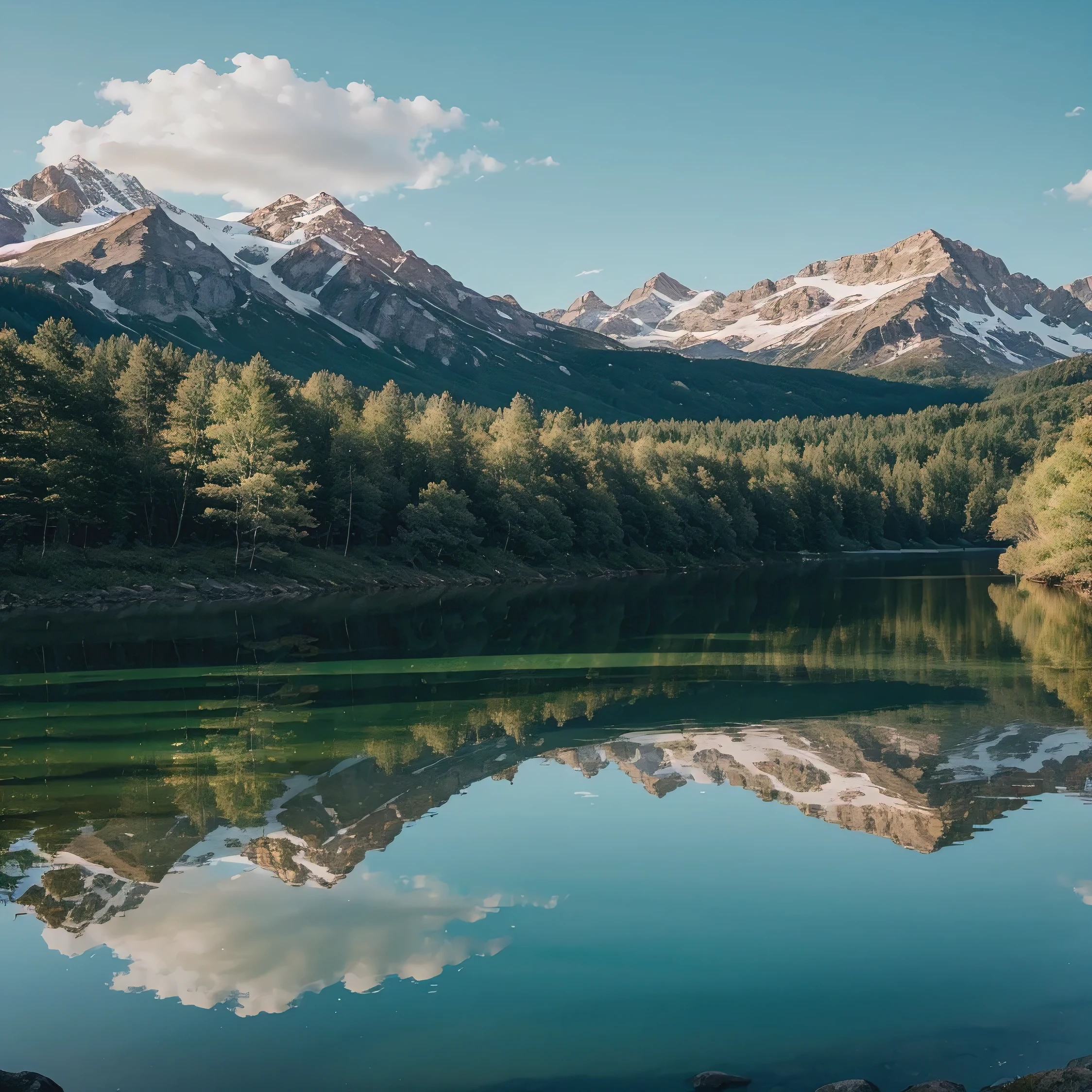 Draw a forest full of trees and varied types and colors, com um lago verde e transparente, com imponentes montanhas ao fundo no topo delas com neve, Fantastic, flawless ultra realistic, nunca visto antes, todos os detalhes em UHD