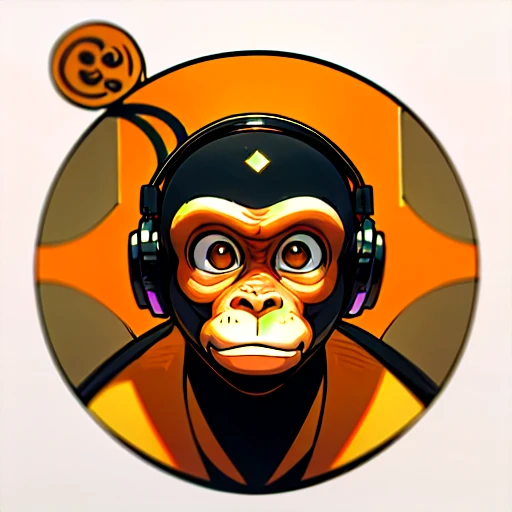a close up of a sceptical monkey face, headphones are floating upside down, inspired by Alex Petruk APe, monkey, bored ape, face like monkey, monkeys, in style of monkeybone, in style of primal apes, ape, orange head, LP vinyl sticker design
