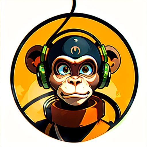 a close up of a sceptical monkey face, headphones are floating upside down, inspired by Alex Petruk APe, monkey, bored ape, face like monkey, monkeys, in style of monkeybone, in style of primal apes, ape, orange head, LP vinyl sticker design