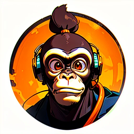 a close up of a sceptical monkey face, headphones are floating upside down, inspired by Alex Petruk APe, monkey, bored ape, face like monkey, monkeys, in style of monkeybone, in style of primal apes, ape, orange head, LP vinyl sticker design