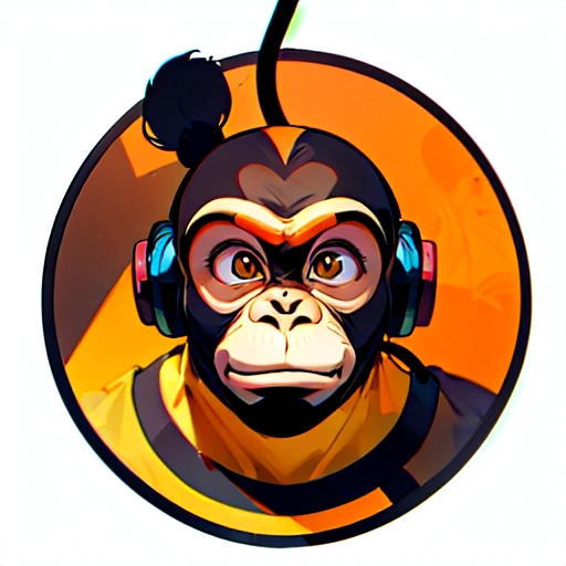 a close up of a sceptical monkey face, headphones are floating upside down, inspired by Alex Petruk APe, monkey, bored ape, face like monkey, monkeys, in style of monkeybone, in style of primal apes, ape, orange head, LP vinyl sticker design