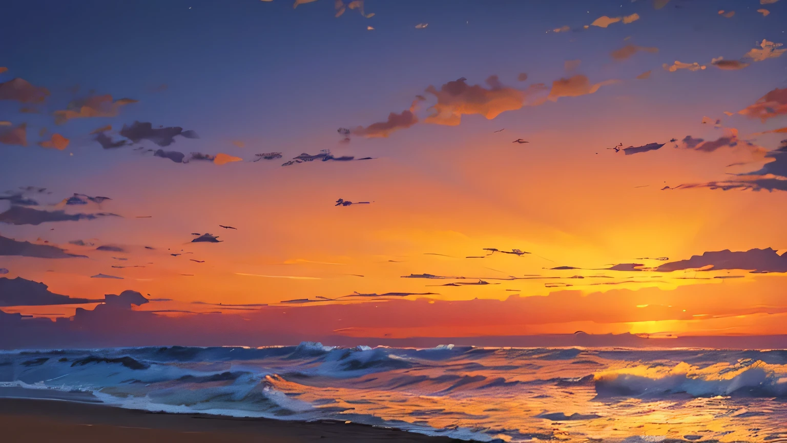 Imagine yourself on a peaceful beach during sunset. The waves gently reach the shore, creating a rhythmic melody. As gaivotas distantes contribuem para o ambiente tranquilo. O brilho quente do sol cria um ambiente sereno.
