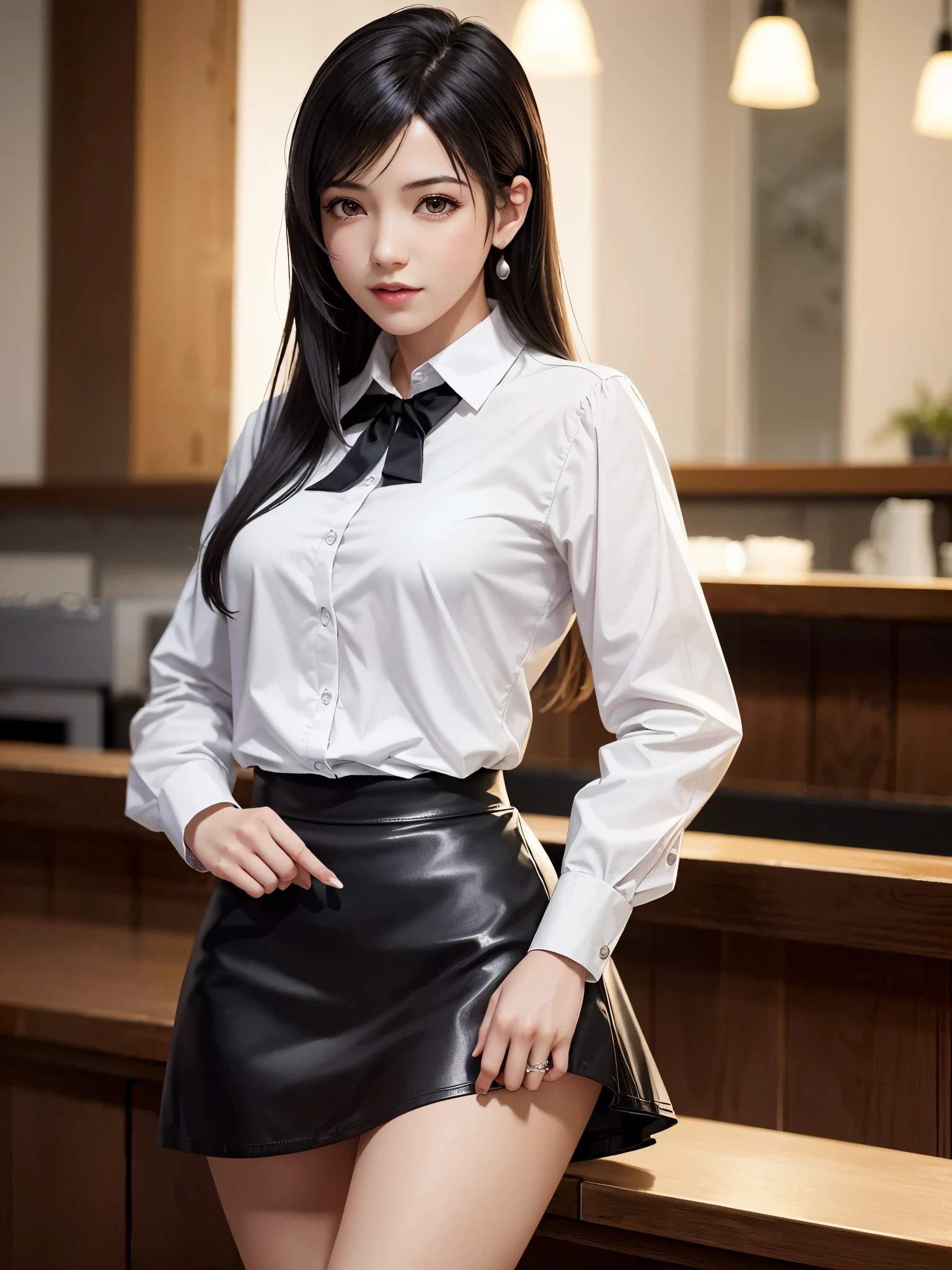 (top quality, masutepiece: 1.1), (Realistic: 1.3), BREAK (((FF7,Tifa_lockhart,solo))),(location: a cozy coffee shop with warm lighting),(gravure pose:1.2,idol),Ultra-detailed face, Detailed eyes,Red eyes, BREAK (((FF7,Tifa_lockhart))),(black brown hair, Large breasts: 1.0), BREAK (tifa_lockhart is a waitress:1.2, white shirt, collared shirt, black mini skirt, long sleeves,black apron dress:1.3),(no bra),(Small and beautiful hard nipple),About 18 years old,kawaii,shy:1.1,happy, smiling