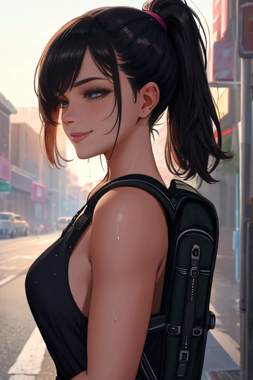 fashion style, masterpiece, best quality, 8k, artstation, sharp focus, (ultrarealistic:1.5), (high details:1.4), raw photo of a young woman, street smiling, backpack, ponytails, faded, complex stuff around, intricate background, soaking wet, (Cinematic:1.4),