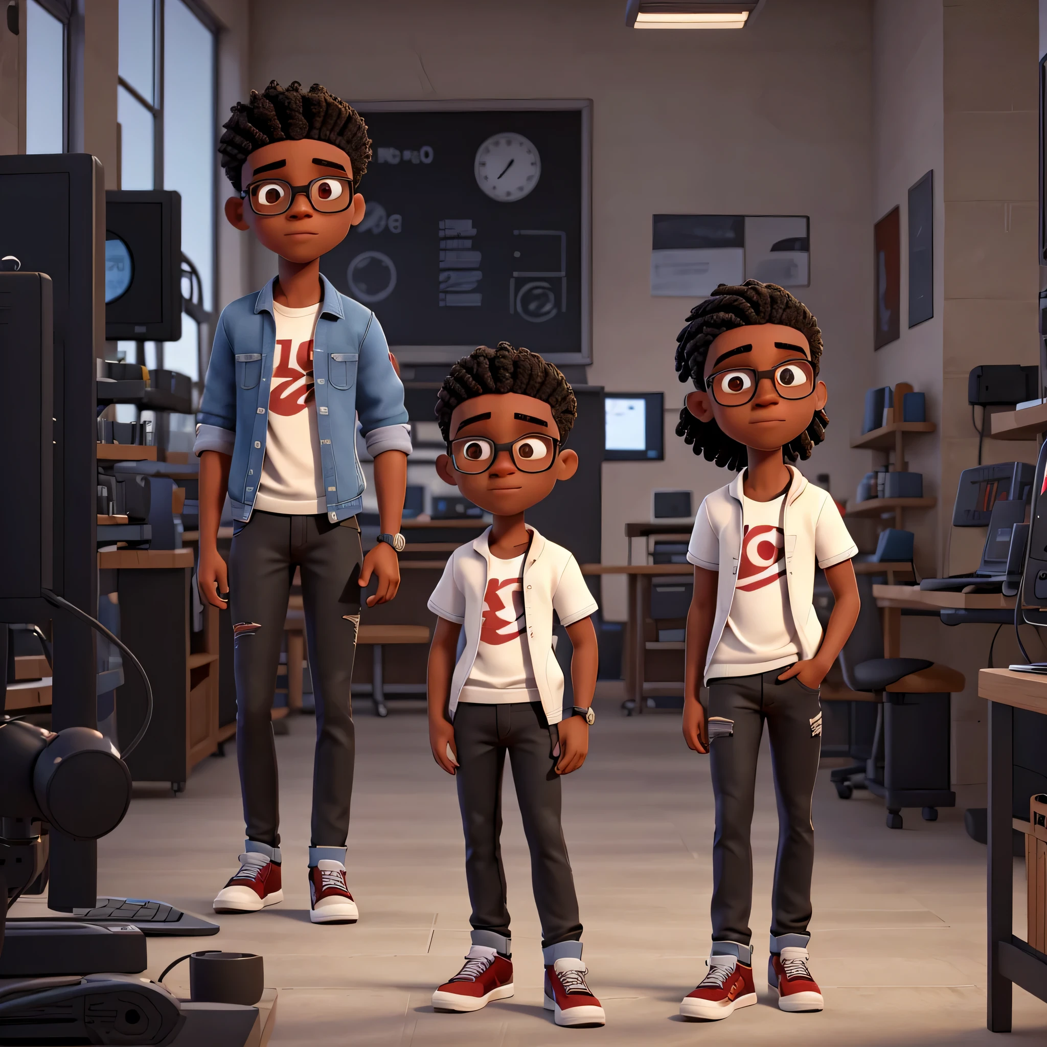 Describe la escena de un joven americano negro con lentes y cabello rizado con un corte de pelo al estilo americano. , vistiendo una sudadera negra y jeans y un Jordan 9 retro toro bravo rojo , who is in a technology laboratory programming on the computer with his girlfriend 